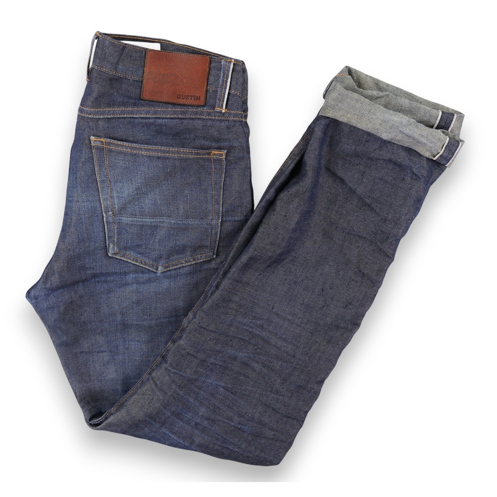 Gustin #386 Pure Linen Indigo Selvedge Jeans Mens 32x35 Indigo Slim Button Fly